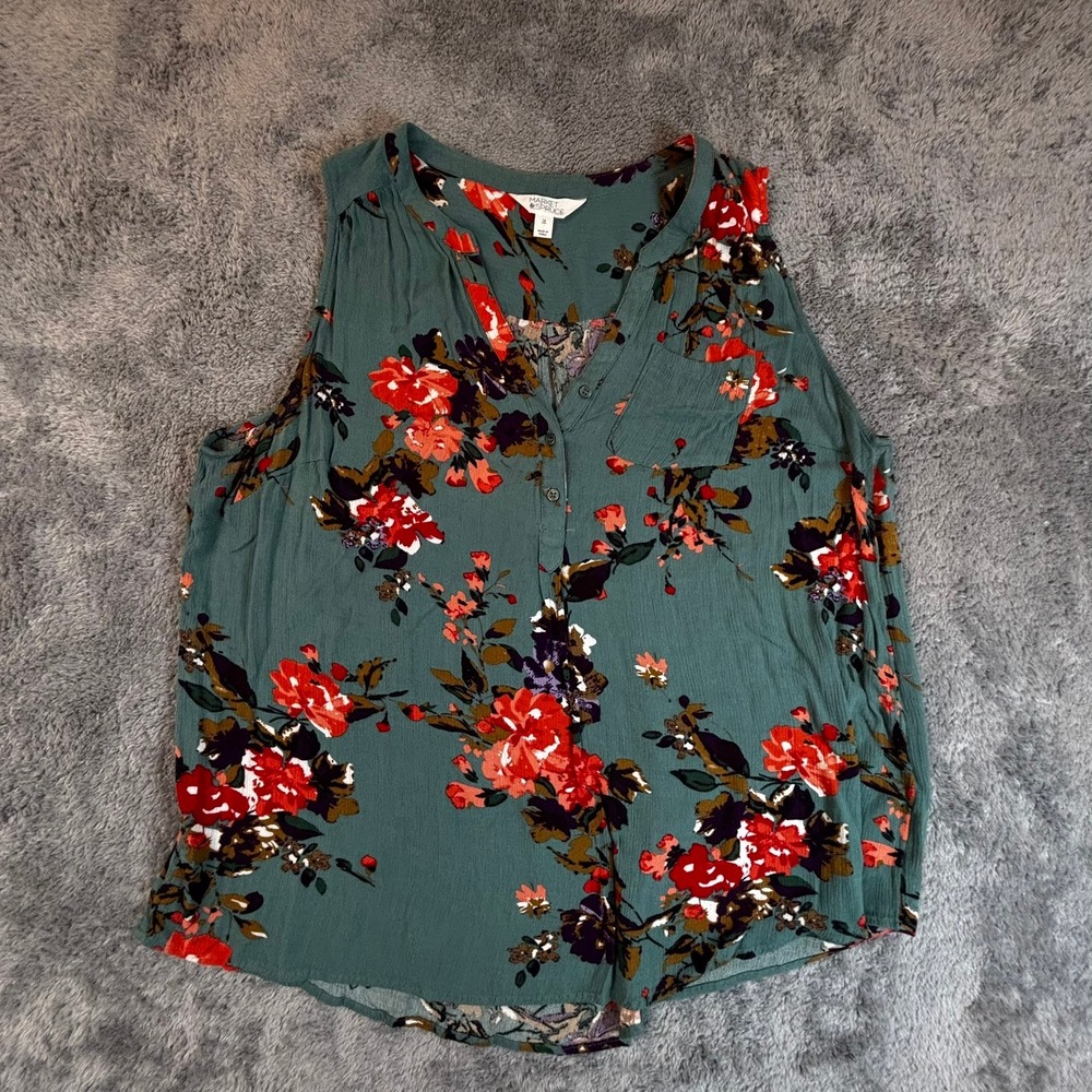 Market & Spruce Teal Floral Sleeveless Button Front Blouse 1X Plus Size Top
